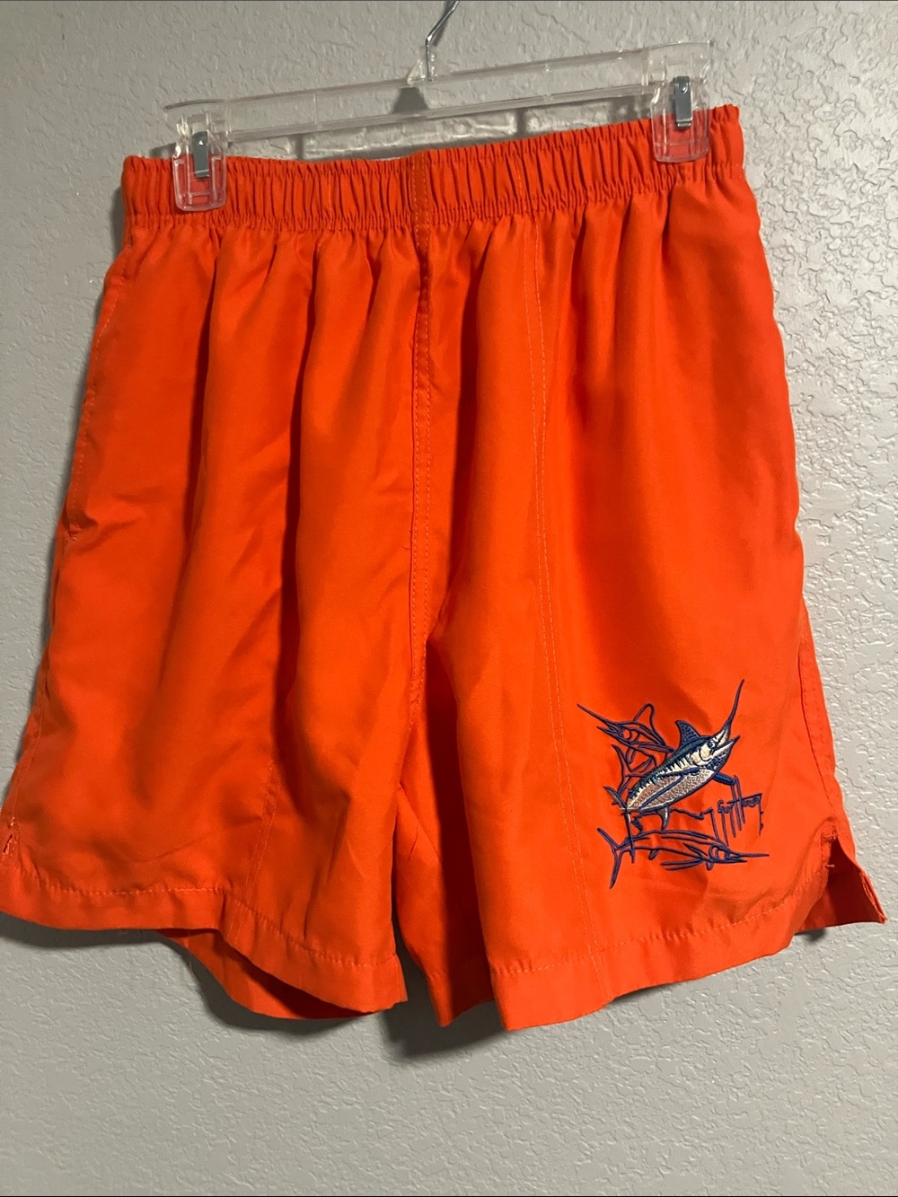 Swim trunks. Guy Harvey Bright Orange with Blue Marlin Detail